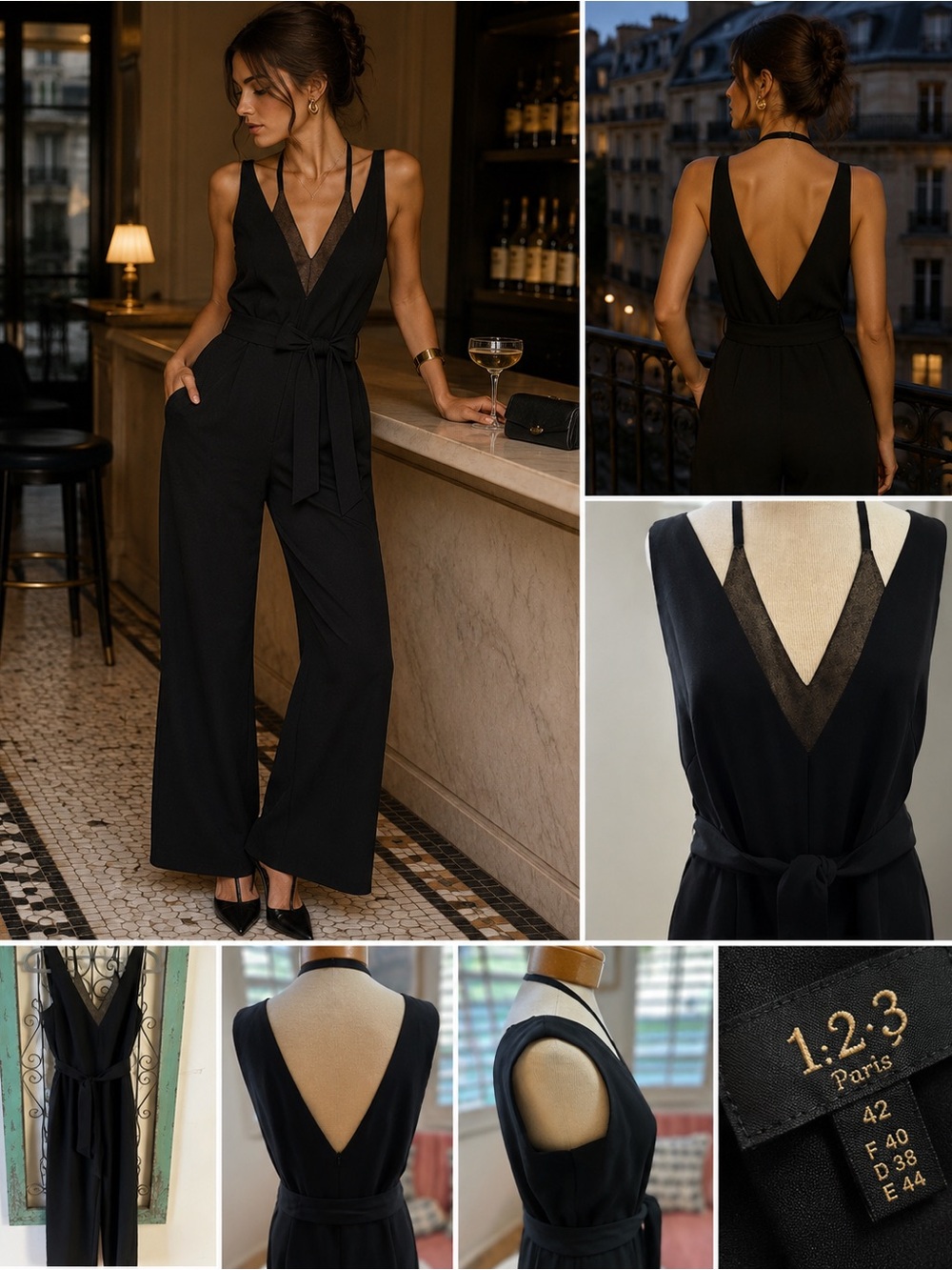 123 Paris bod conscious jumpsuit with bronze inlay. Side pockets, deep V back.